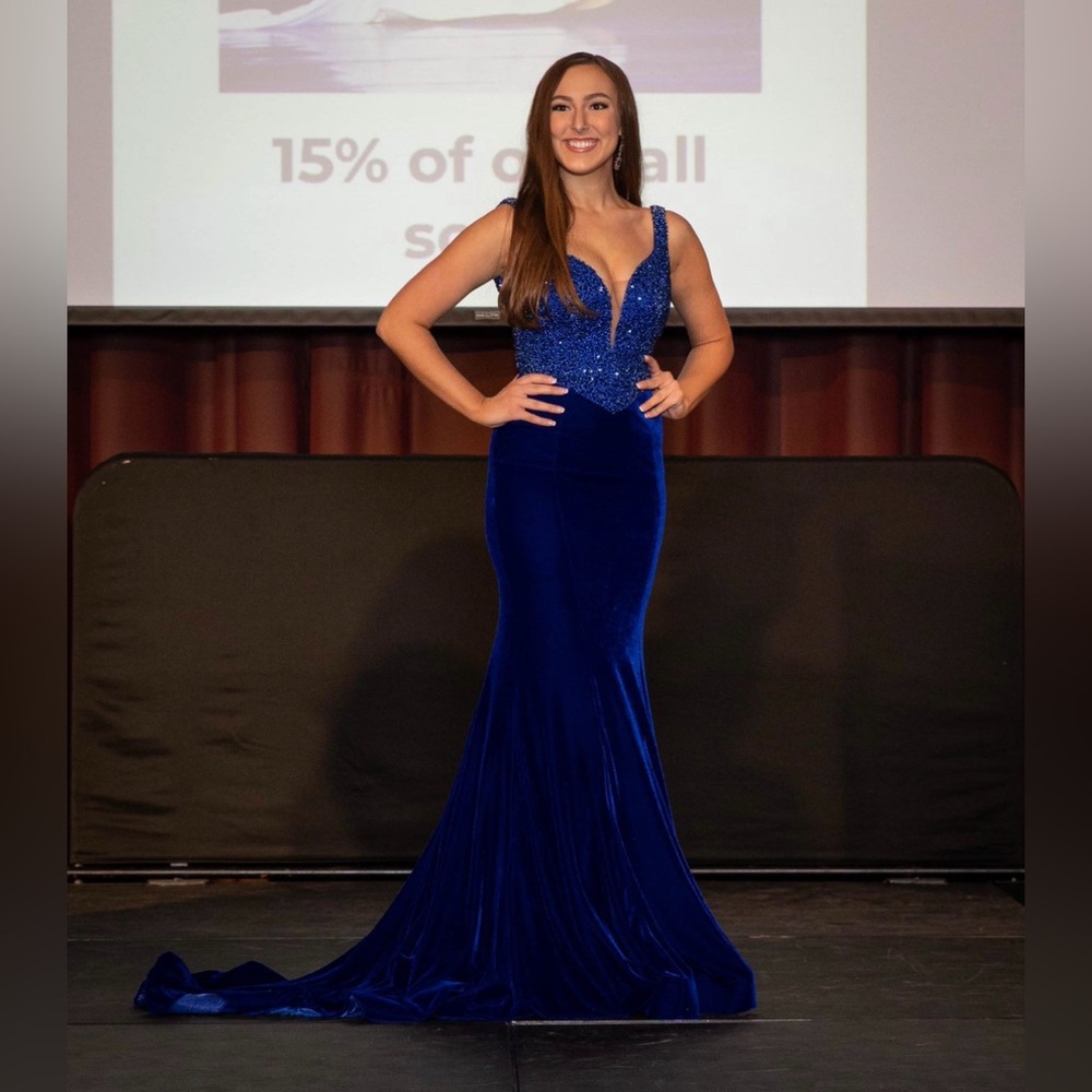 Jonathan Kayne Blue Velvet Gown with Beaded Bodice